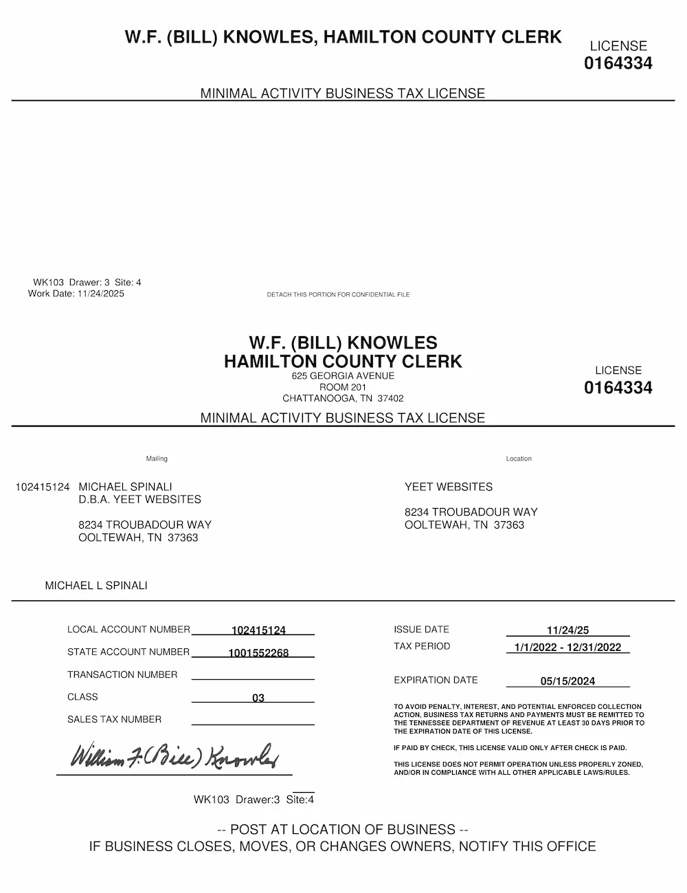 Hamilton County Business License for Yeet Websites at 8234 Troubadour Way, Ooltewah, TN 37363 - Issued August 2022