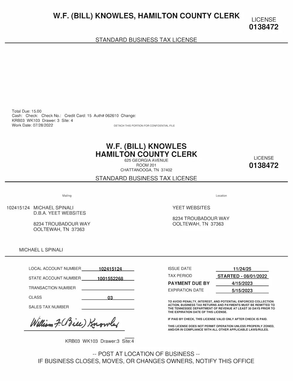 Hamilton County Business License for Yeet Websites at 8234 Troubadour Way, Ooltewah, TN 37363 - Renewed 2023
