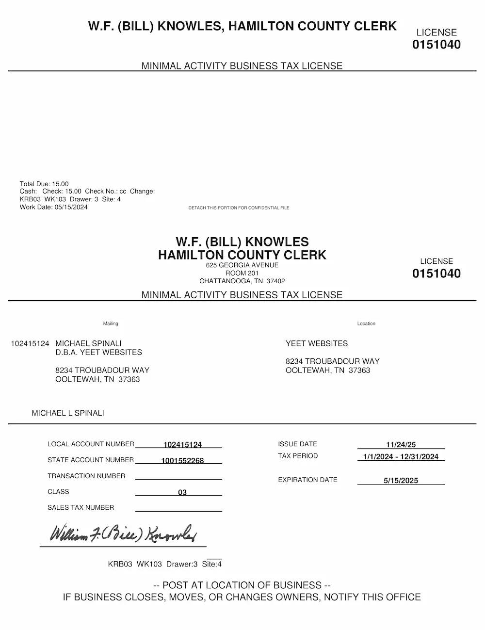 Hamilton County Business License for Yeet Websites at 8234 Troubadour Way, Ooltewah, TN 37363 - Renewed 2024