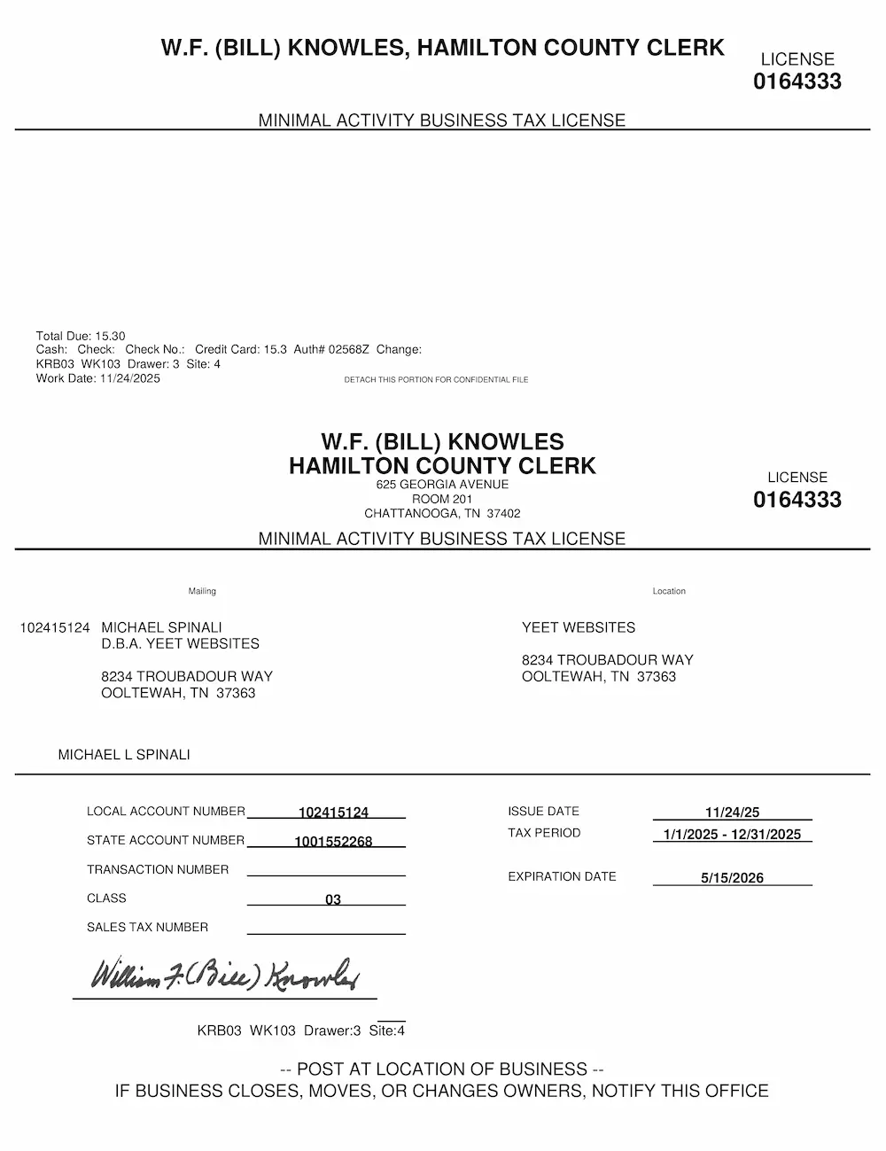 Hamilton County Business License for Yeet Websites at 8234 Troubadour Way, Ooltewah, TN 37363 - Active 2025