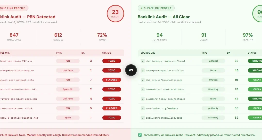small business seo cost backlink audit comparing toxic profile with flagged links versus clean niche-relevant link profile