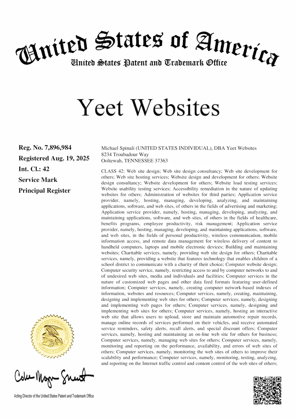 Federal Trademark Certificate for Yeet Websites - Registration No. 7,896,984 issued by the United States Patent and Trademark Office