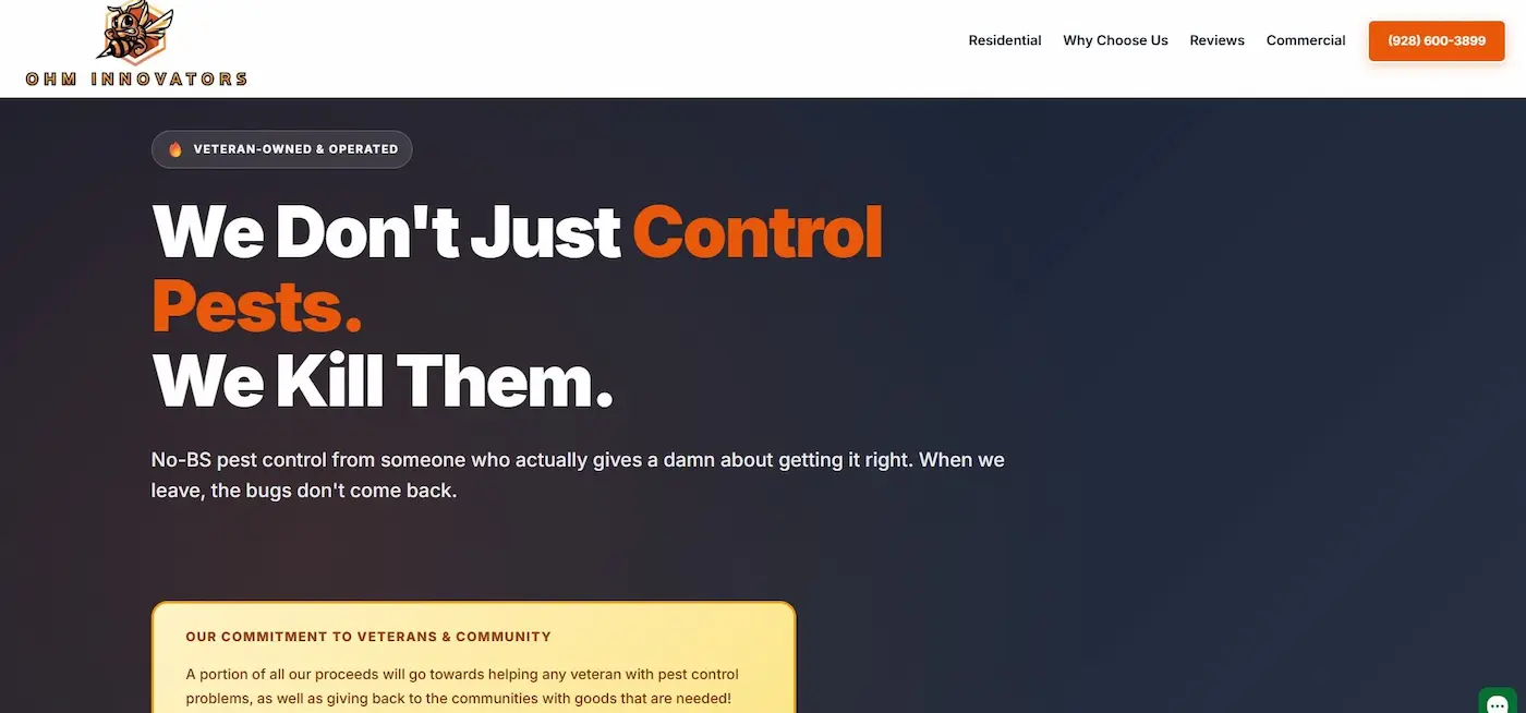 After: New Yeet Websites pest control site with clean navigation and full service pages