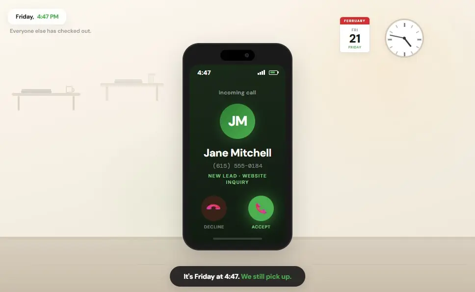 web designer availability phone showing incoming call from website lead at 447 PM on a Friday