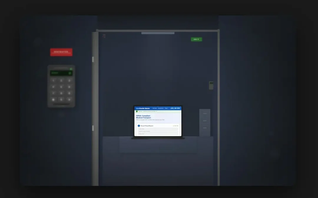 medical courier web design company security keypad on storage door with laptop showing encrypted forms and HIPAA badges