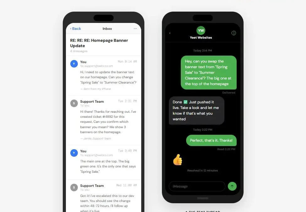web designer text communication side by side phones showing three day email chain versus quick text conversation fix
