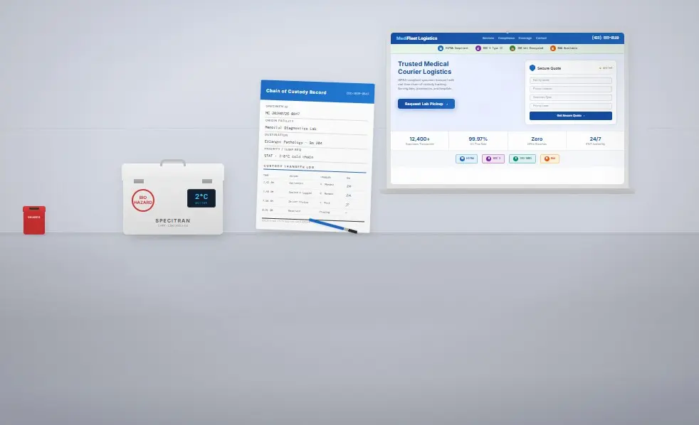 medical courier website design specimen cooler and chain of custody form with laptop showing HIPAA badges