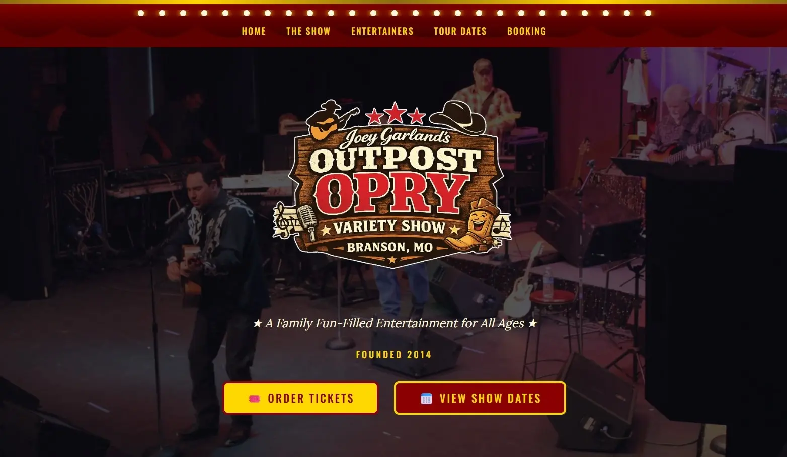 After: New Outpost Opry website with marquee-light navigation, ticket ordering, and live performance photography
