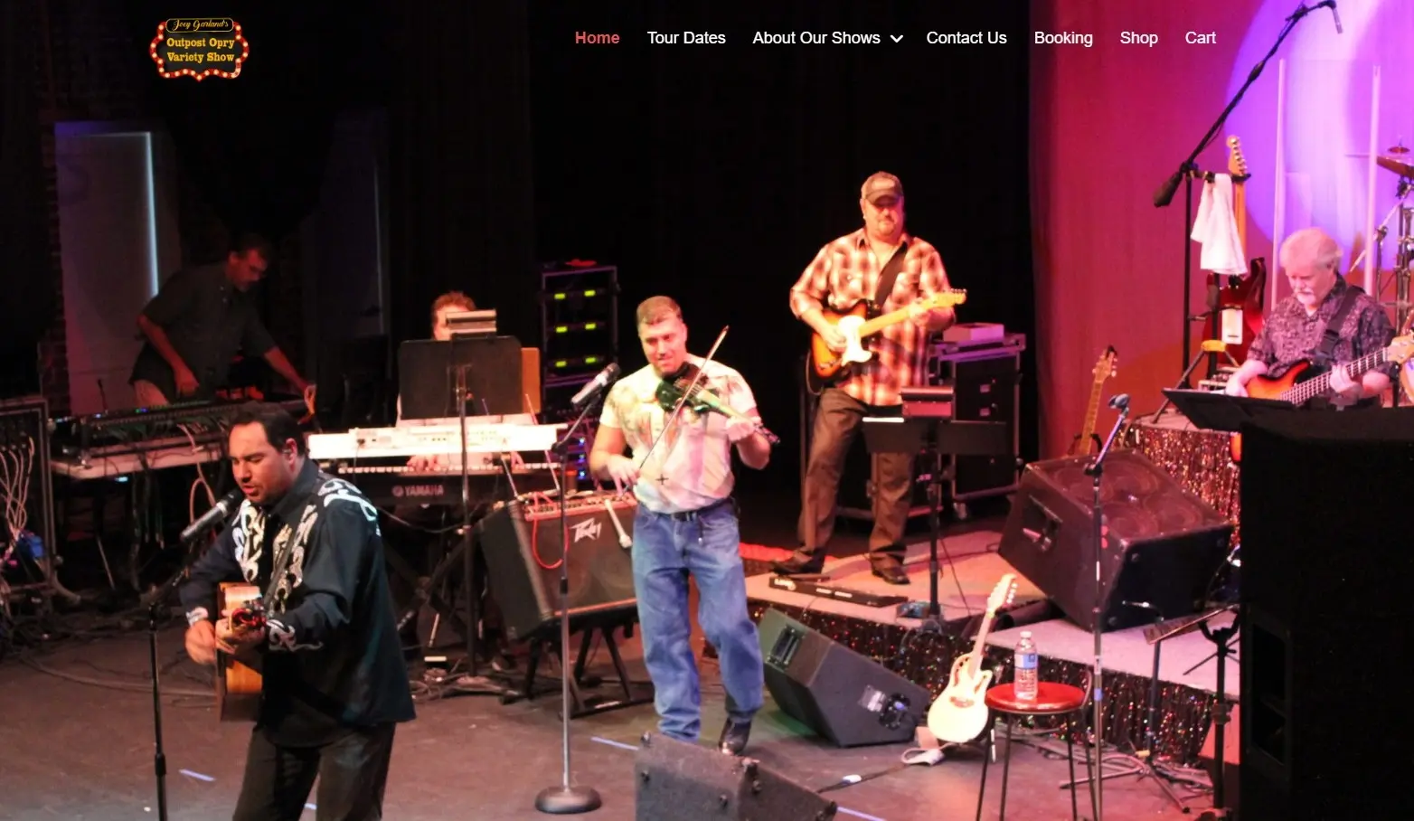 Before: Outdated Outpost Opry website with small logo, plain navigation, and no ticket ordering