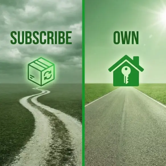website subscription vs ownership two roads with subscribe and a box versus own and a house