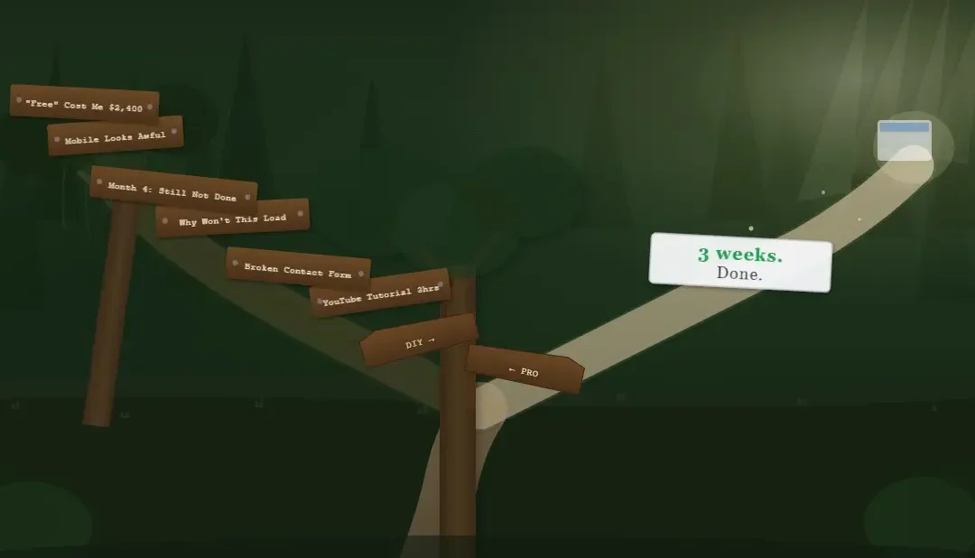 DIY website cost fork in a dark forest path, overgrown DIY route lined with warning signs, clean lit path leading to a website
