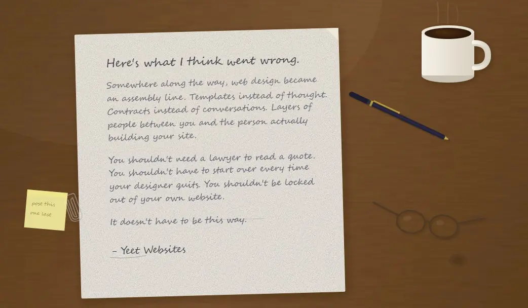 why is it so hard to find a good web designer handwritten letter on a wooden desk