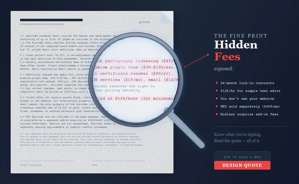 how to read a web design quote magnifying glass over contract revealing hidden fees in red