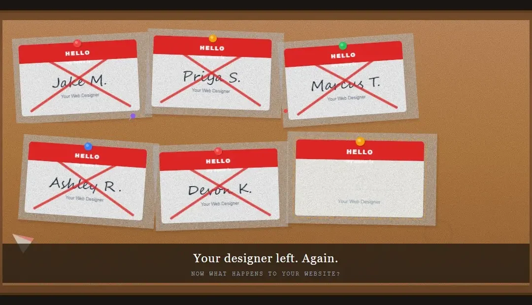 my web designer left the company corkboard with five crossed out name tags and one blank