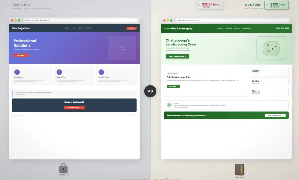 website templates vs custom side by side comparison of generic template versus built around your business