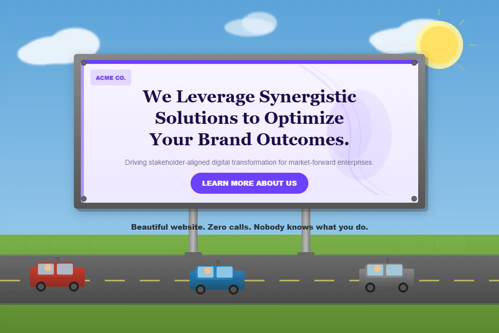 website looks great but no calls beautiful billboard with jargon headline while cars drive past confused