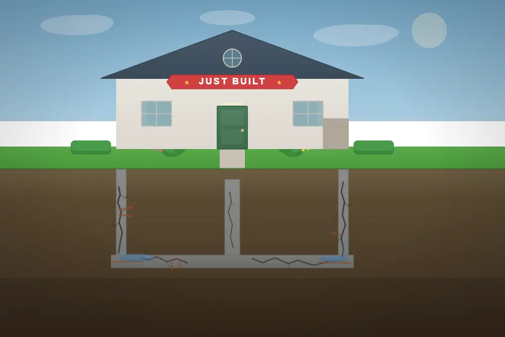 seo before launch brand new house with fresh paint and just built banner over a cracked leaking foundation below ground