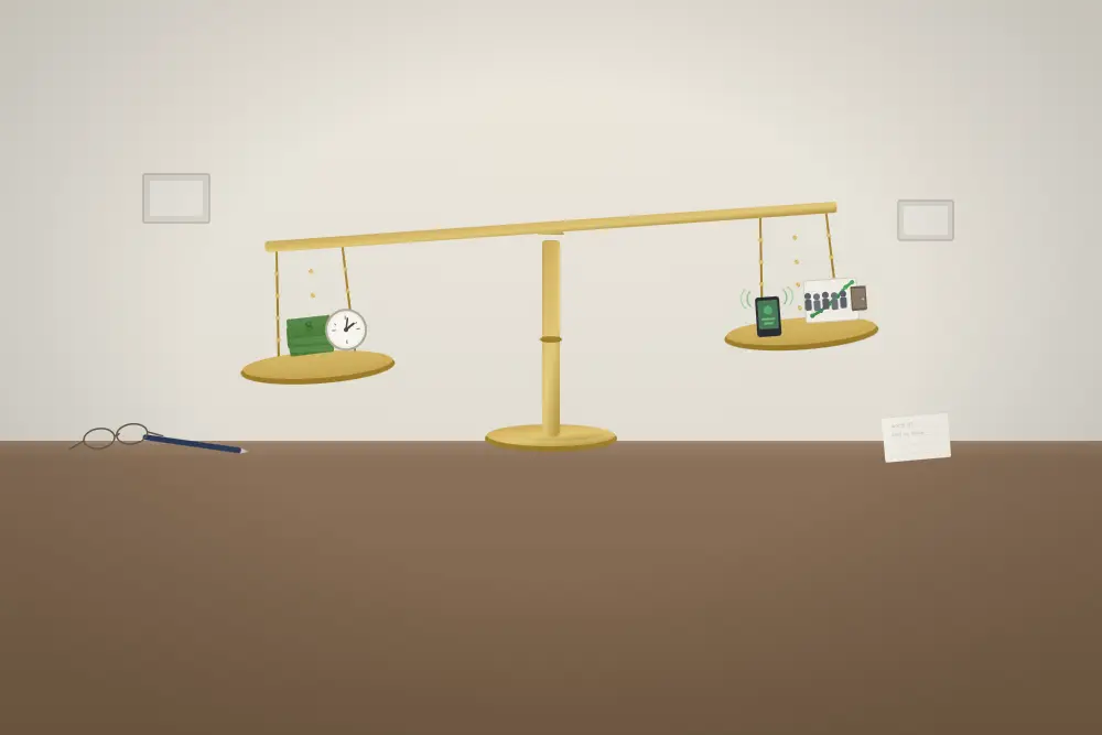 is seo worth it for small business brass scale with money and clock on one side and customers and growth on the other