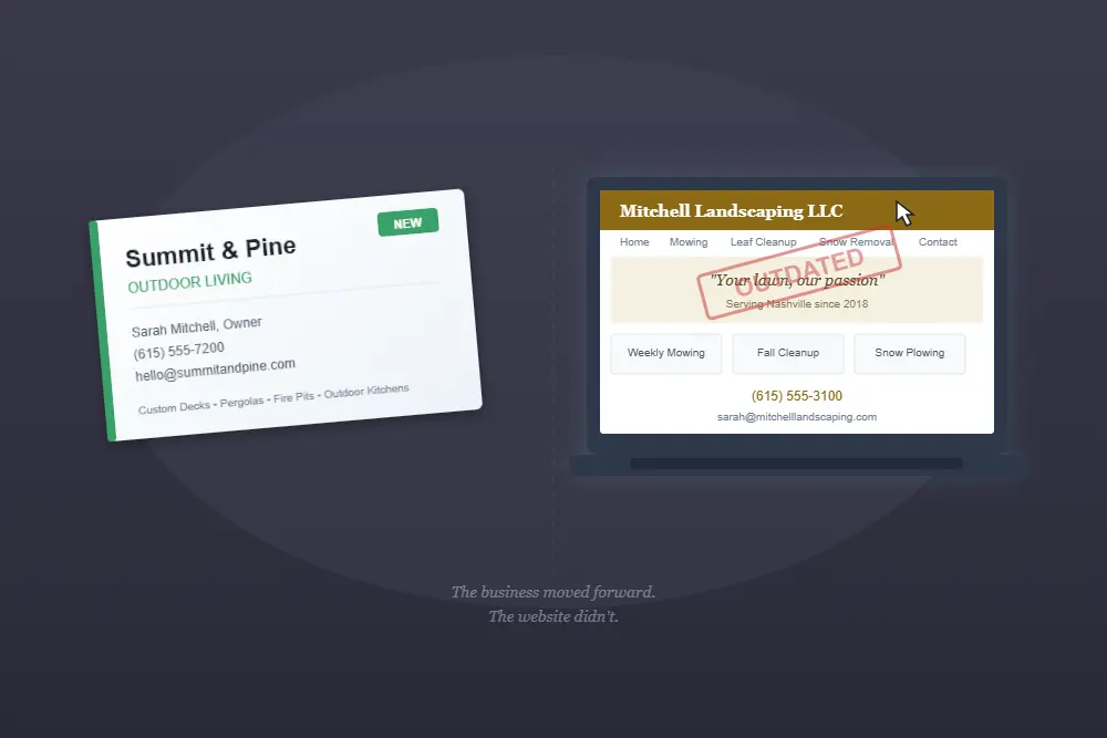 website no longer matches my business mismatched business card and laptop with outdated site side by side