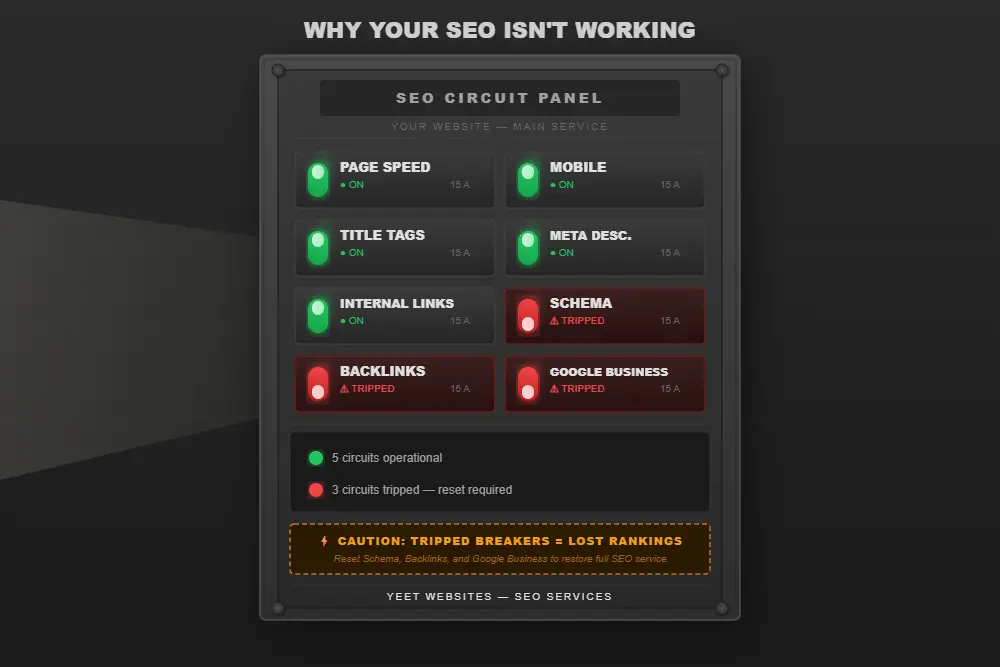 SEO fix circuit breaker panel five green on and three tripped for schema backlinks Google Business