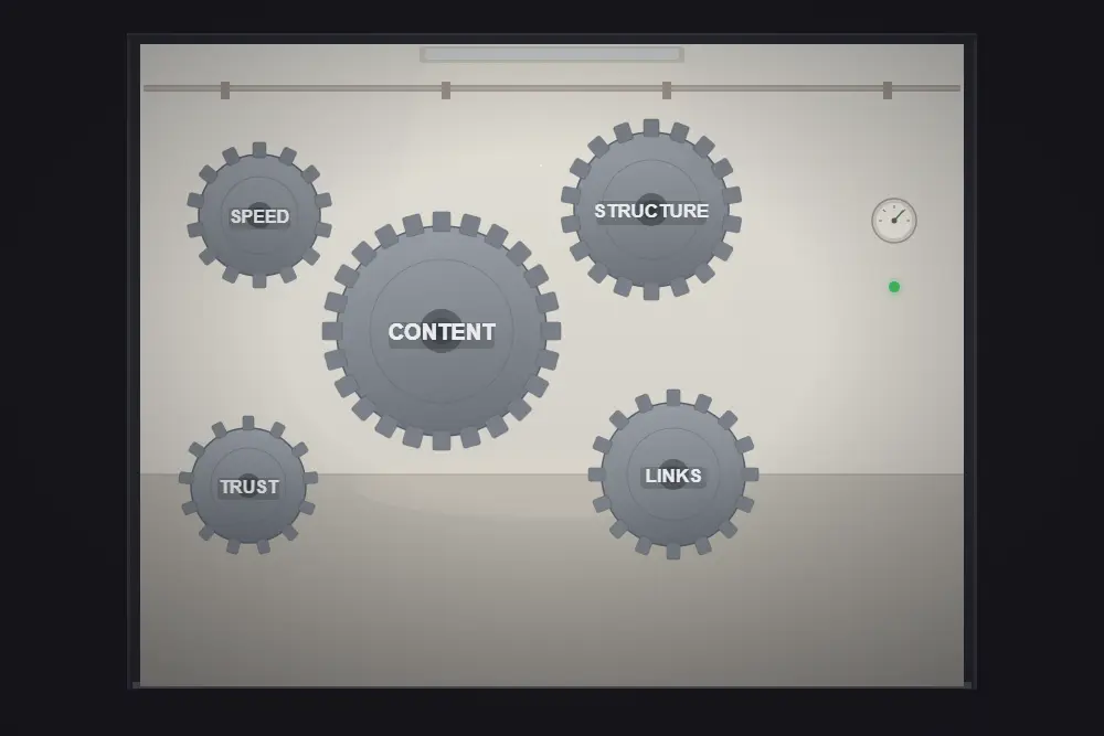 how does seo work clean mechanical room with interlocking gears labeled content structure links speed and trust turning together