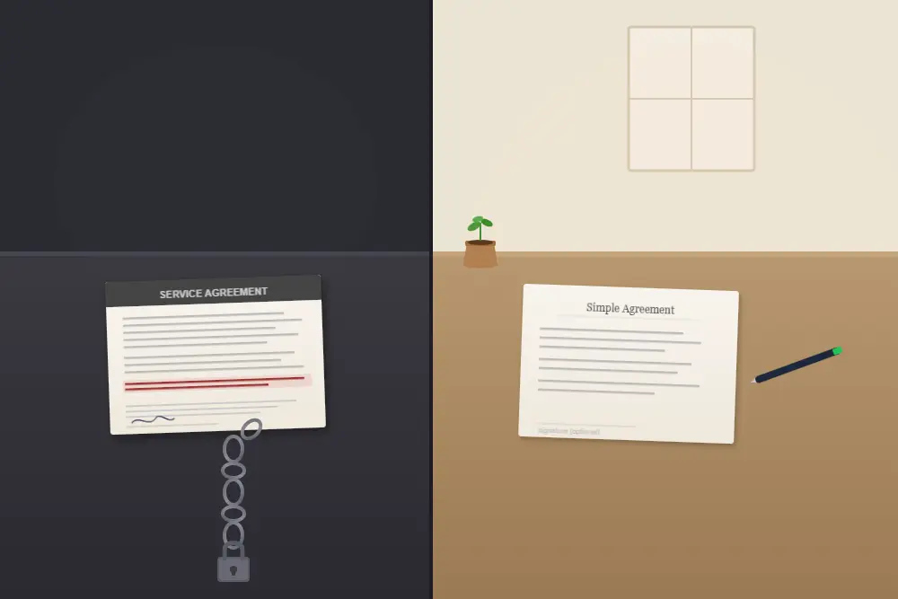 fear based vs confidence based chained contract on a dark desk versus loose agreement on a warm table