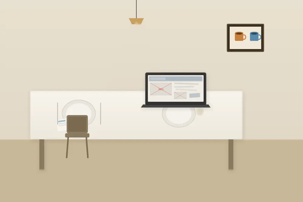 fire friend as web designer dining table with laptop showing broken website and empty chair