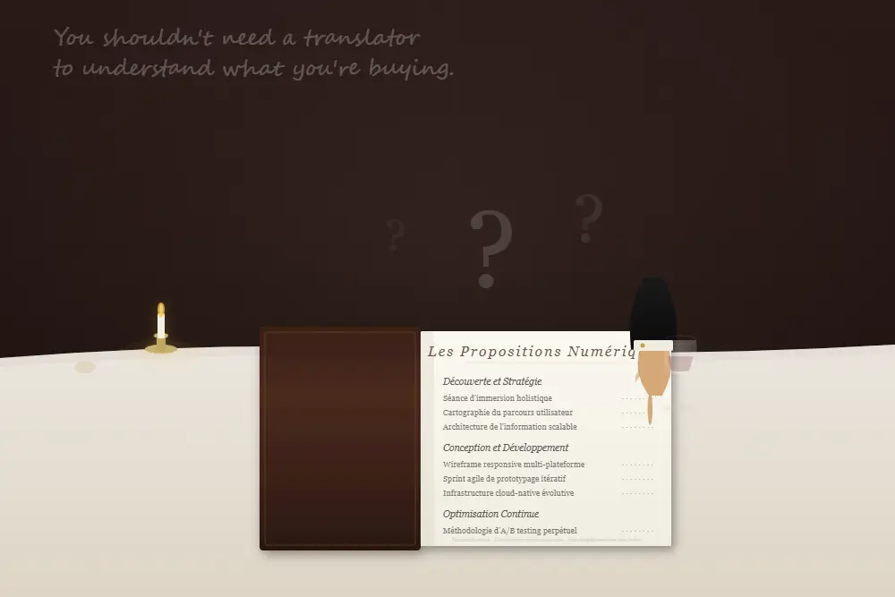confusing web design proposals fancy restaurant menu written in jargon with no prices, waiter's hand pointing at it expectantly