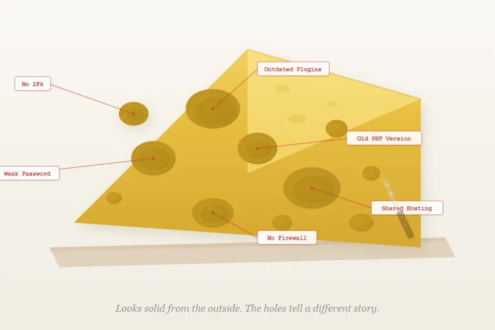 website security concerns giant block of Swiss cheese holes labeled weak password no firewall outdated plugins