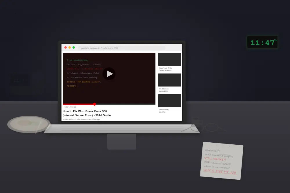DIY website fixes laptop showing YouTube WordPress error tutorial at night with cold dinner and frustrated notes