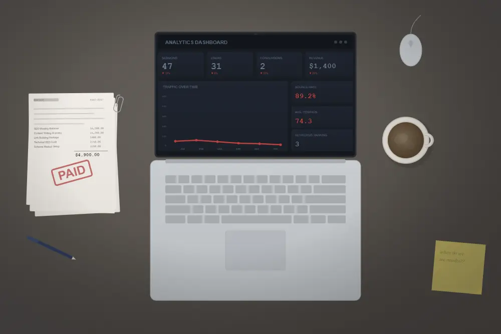 seo didnt work laptop showing flatlined analytics dashboard with paid invoices and cold coffee on a desk