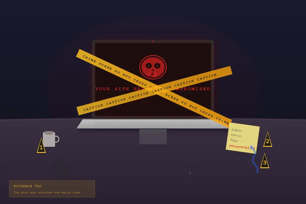 website hacked what to do laptop wrapped in crime scene tape, skull on screen, evidence marker pointing to Password123 sticky note