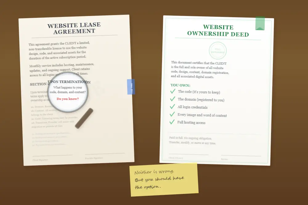website ownership rights lease agreement and ownership deed side by side, magnifying glass on fine print