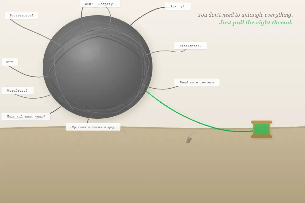 overthinking hiring a web designer massive tangled ball of gray yarn with labeled loose ends, one clean green thread pulling free to a neat spool