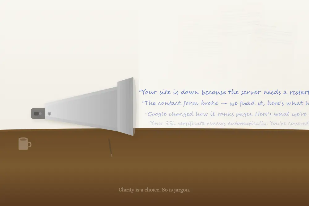 why my web designer wont explain things megaphone with plain English sentences flowing out replacing jargon documents