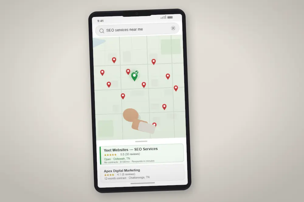 seo services near me phone showing map with generic red pins and one green pin with a checkmark badge