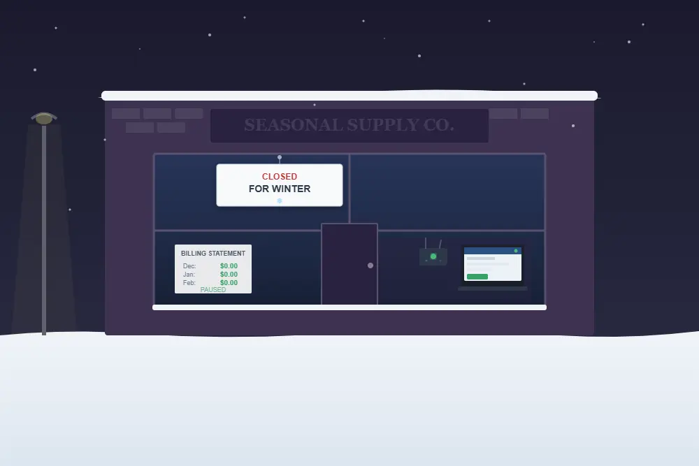 pause website billing seasonal dark storefront with closed sign but glowing router and live website inside