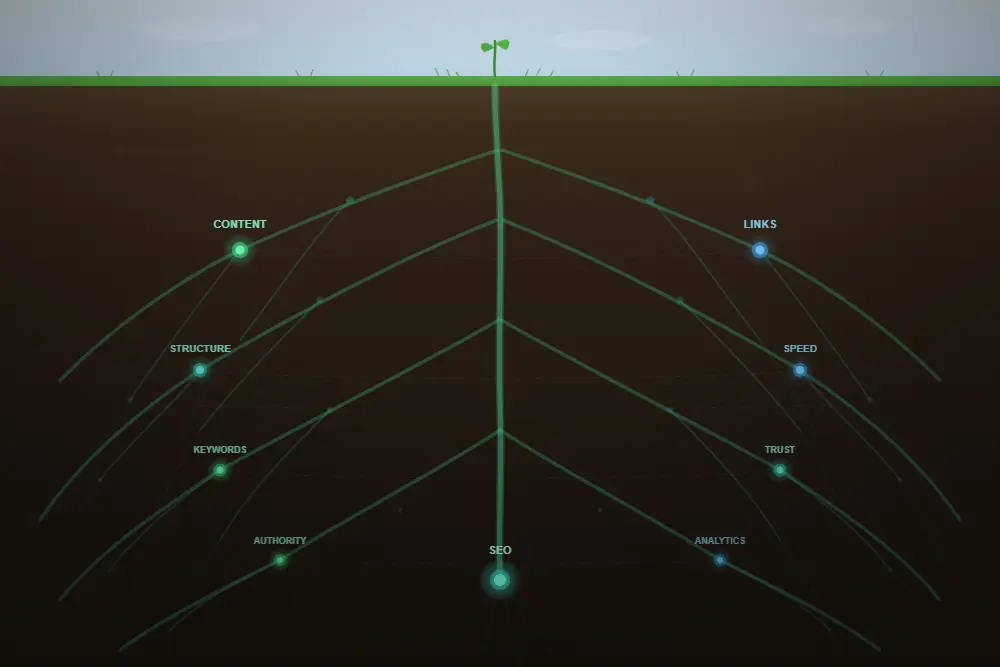 seo for small business tiny sprout above soil with a massive glowing root network of SEO nodes spreading deep below