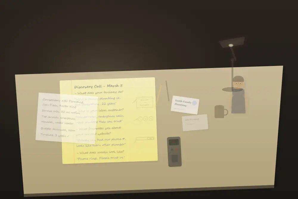 hy web designers ask so many questions interview notes on a drafting table with website sketches emerging from the margins