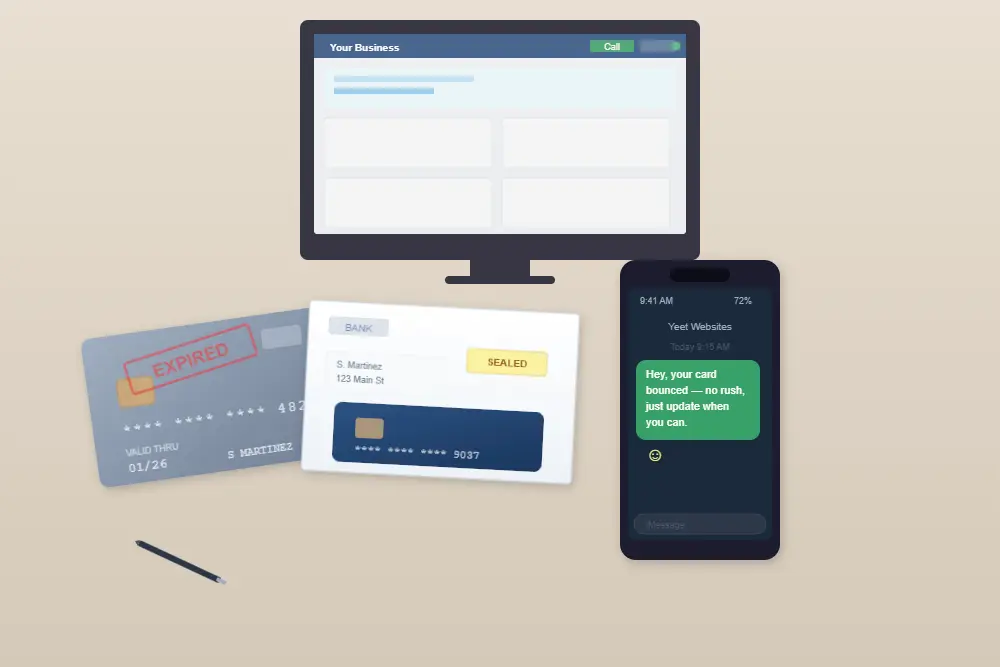 missed website payment what happens expired card on desk with friendly text and website still fully live