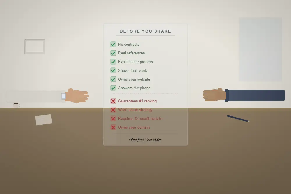 hire seo services two hands about to shake across a desk with a transparent checklist filter between them