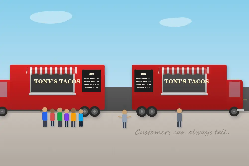 why copying competitor website fails two identical red food trucks side by side, one with a long line, one empty