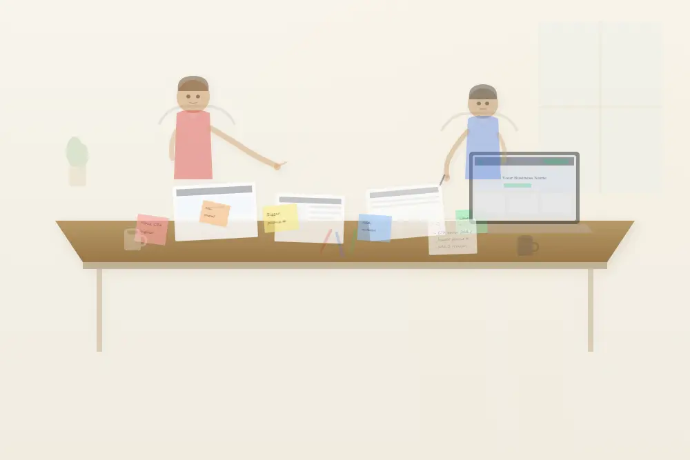 what if I dont like my website design two people reviewing printouts and sticky notes at a worktable