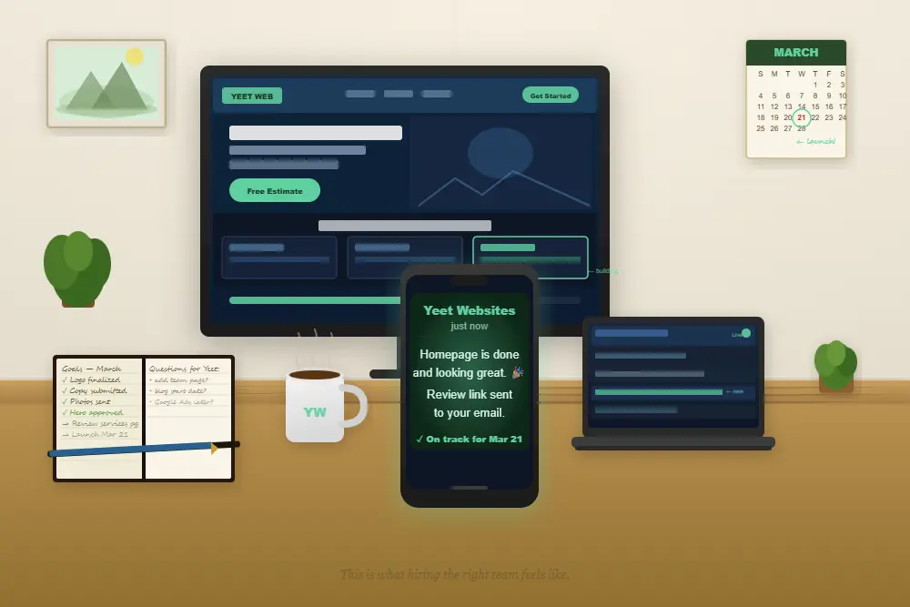 what to expect after hiring a web designer relaxed business owner getting update from web team